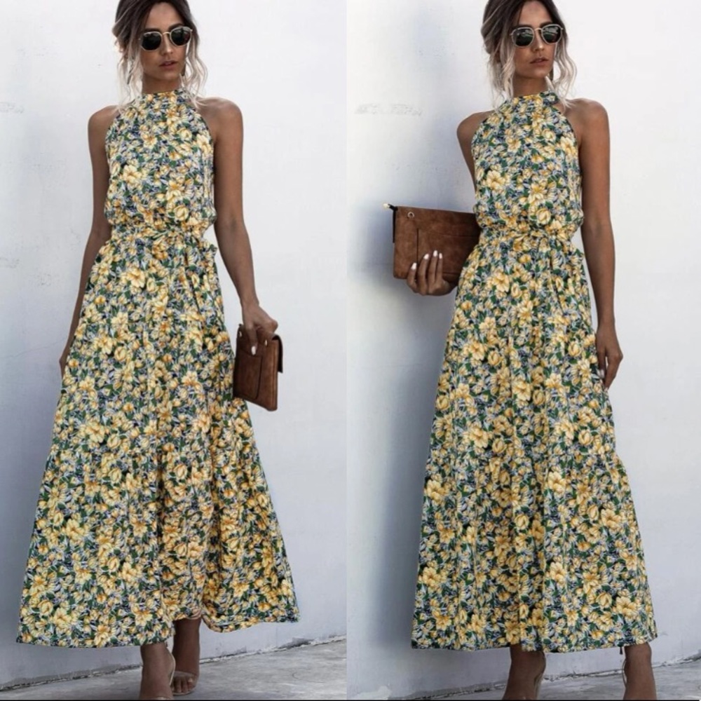 Boho floral print belted halter maxi dress